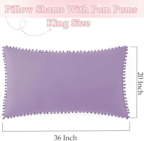 Pom Poms Pillow Shams King Size Set of 2, Light Purple Decorative Pillowcases - Image 3