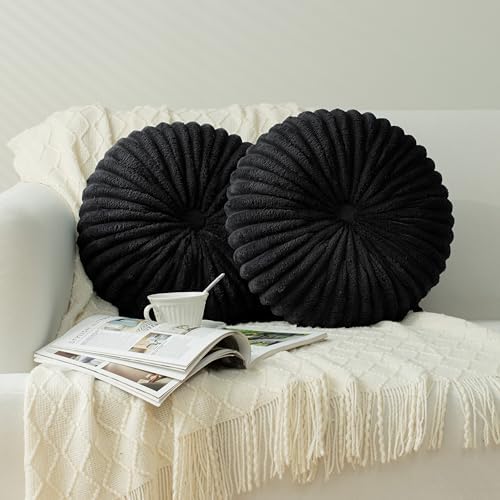 HIG Set of 2 Black Flannel Decorative Round Pleated Throw Pillows by HIG