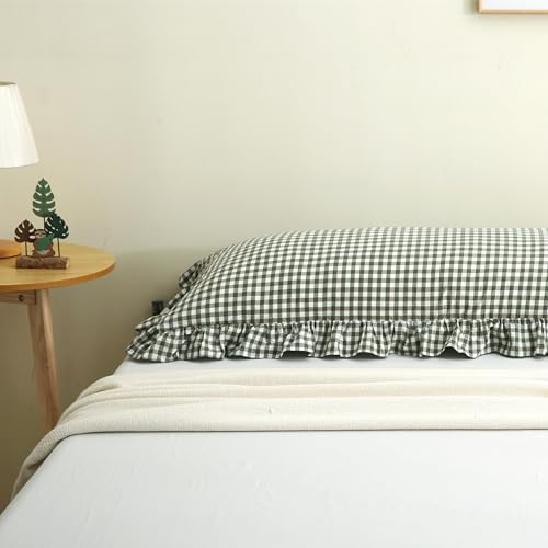 Sage Green Gingham Body Pillow Cover 20x54, Ruffled Cotton Sham - Image 7