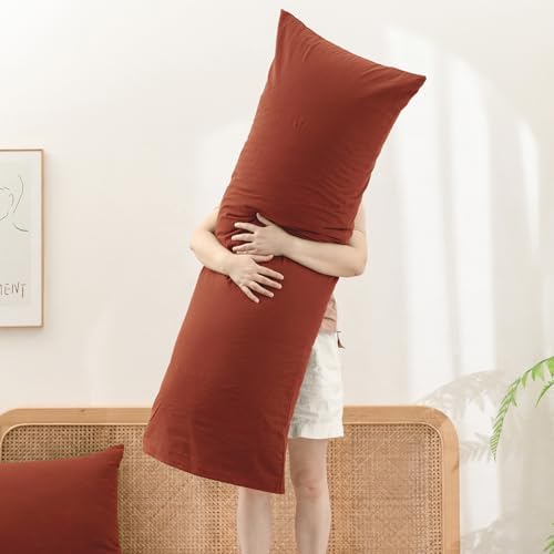 BESTOUCH Washed Cotton Pillowcases Linen Feel Burnt Brick Red Body - Image 5