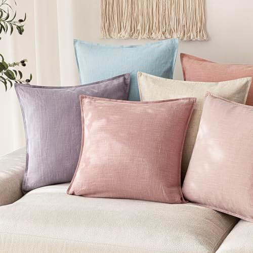 Foindtower Linen Solid Decorative Throw Pillow Covers 24x24 Inch Rose Pink - Image 5