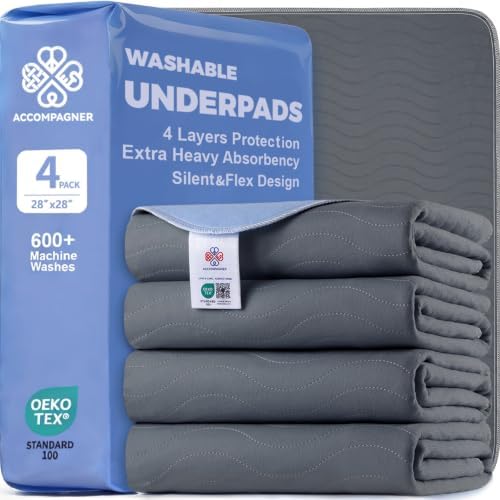 Accompagner Incontinence Bed Pads Washable Waterproof Underpads 28"x28" 4pc by Accompagner