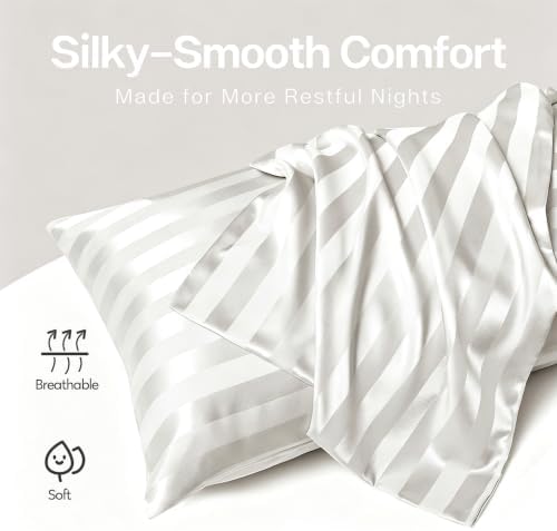 MR&HM Satin Pillowcase 2 Pack, Queen Size 20"x30", Ivory Striped - Image 3