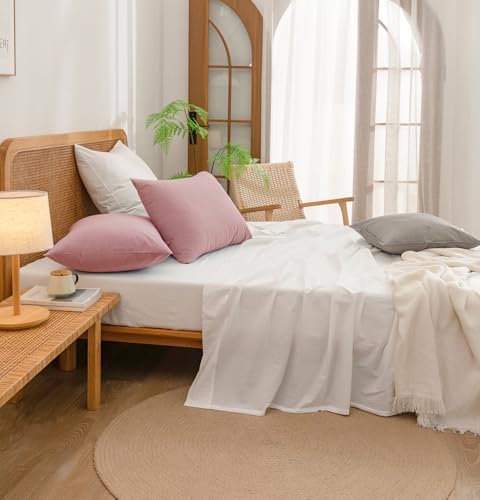 BESTOUCH Washed Cotton Pillowcases Linen Feel Red Pink Standard - Image 5