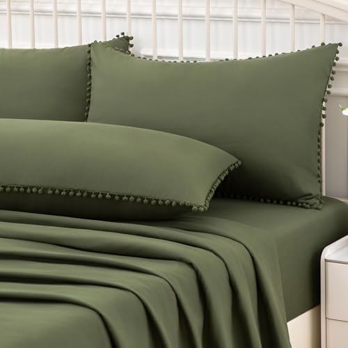 Pom Poms Pillow Shams Standard Size Set of 2, Olive Green Decorative Pillowcases - Image 5