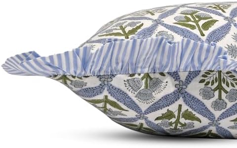Ridhi Light Steel Blue Block Print Ruffle Pillow Covers 24x24 Inch Set of 2 - Image 4