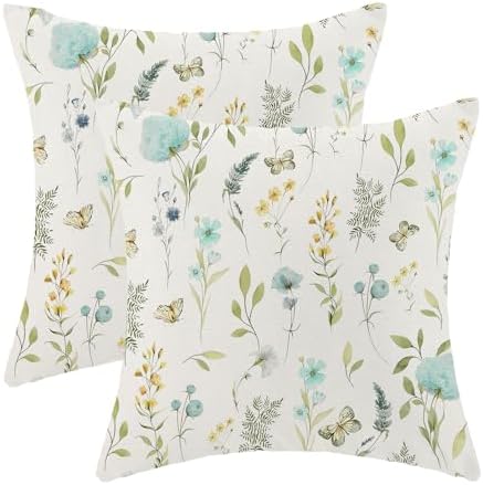 Spring Pillow Covers 16x16 Inch Set of 2, Aqua Teal Sage Green Wild Flower by AEIOAE