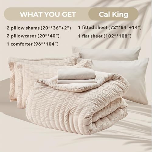 HYMOKEGE Beige California King Comforter Set Seersucker 7 Pieces, All Season - Image 6