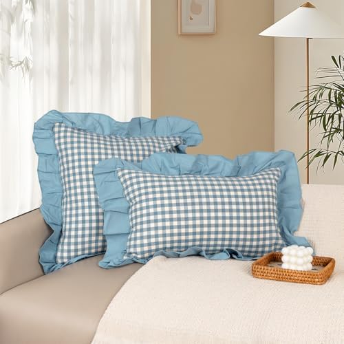 JoraLion Ruffled 18x18 Pillow Cover Gingham Smoke Blue Solid Edge - Image 2