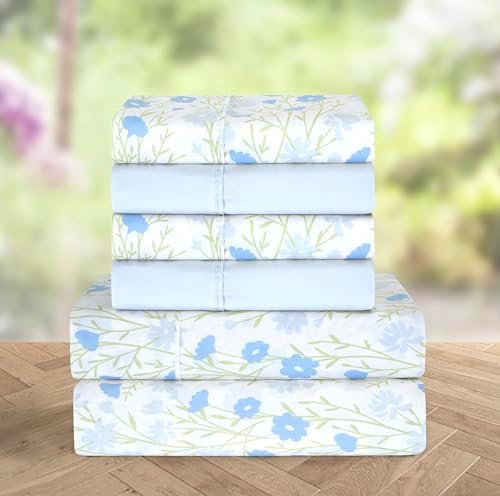 Elegant Comfort 6-Piece Sheet Set Deep Pocket Floral, Cal King, Laurel Blue - Image 2