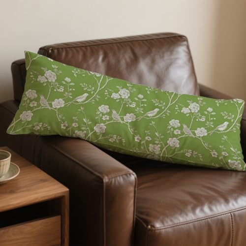 Sage Green Chinoiserie Cherry Blossom Bird 20x54 Body Pillow Cover, Vintage - Image 4