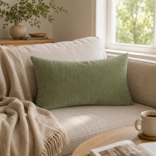JoraLion Chenille Lumbar Pillow Covers 12x20 inch Olive Sage Green - Image 2