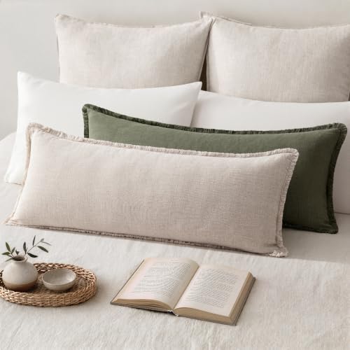 MIULEE 14x36 Long Linen Fringe Lumbar Pillow Covers Set of 1 Natural Beige - Image 3