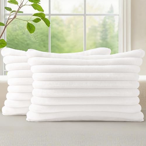 decorUhome Fall Faux Fur Throw Pillow Covers 12x20 Set of 2 White by decorUhome