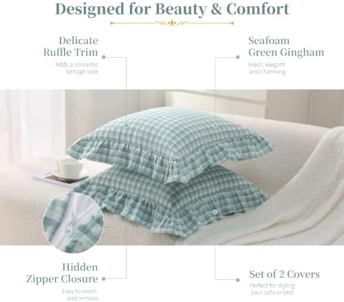 Gingham Throw Pillow Covers 20x20, Seafoam Green, Ruffle Trim - Image 4