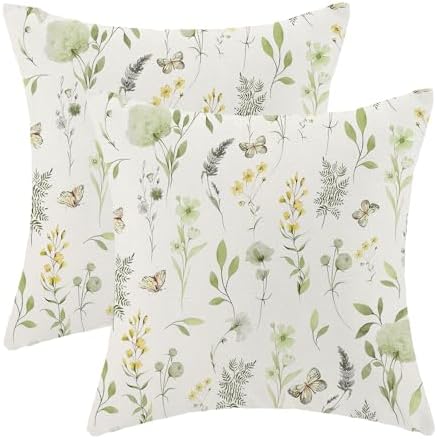 AEIOAE Spring Pillow Covers 20x20 Inch Set of 2, Sage Green Yellow Wild Flower by AEIOAE