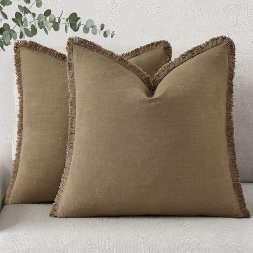 decorUhome Linen Fringe Light Brown Throw Pillow Covers 16x16 Set of 2 by decorUhome