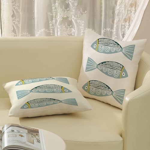 Coastal Pillow Covers 16x16 Inch Set of 2 Ocean Beach Blue Fish Throw Pillows - Image 5