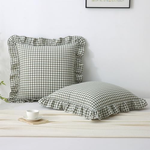Gingham Ruffled Throw Pillow Covers 24x24 Inch Sage Green 2 Pack - Image 2