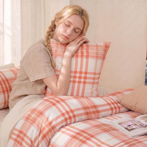 Merryword 100% Cotton Pillow Cases, Standard Size, Washed Cotton Coral Plaid - Image 6