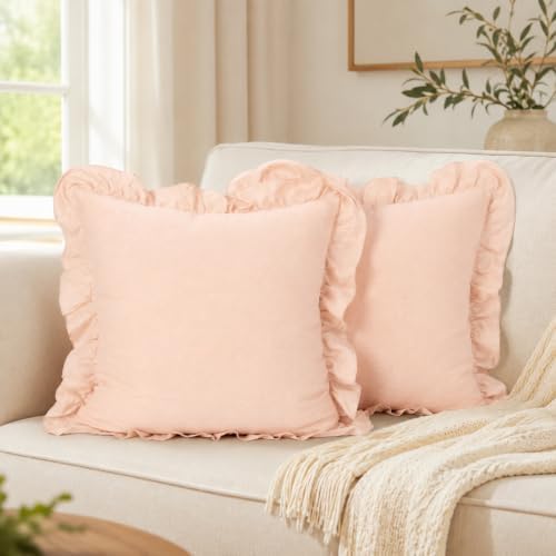 JoraLion Ruffled Throw Pillow Cover 18x18 Solid Blush Pink by JoraLion