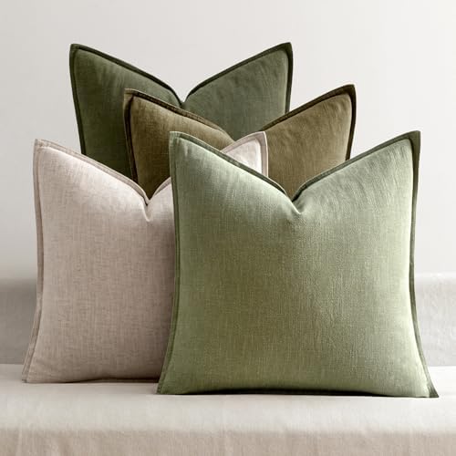 MIULEE Green and White Boho Linen Pillow Covers 18x18 Inch Pack of 4 by MIULEE