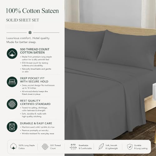 Feather & Stitch 100% Cotton Sateen 500 TC Twin Size Bed Sheet Set - Image 6