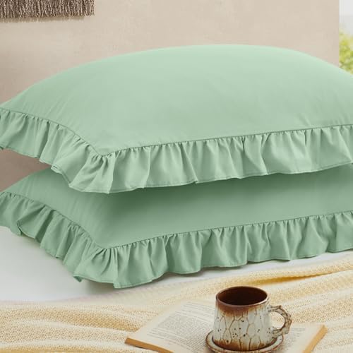 Ruffled Pillow Cases, Sage Green, Queen 20"x30" by Cobedzy