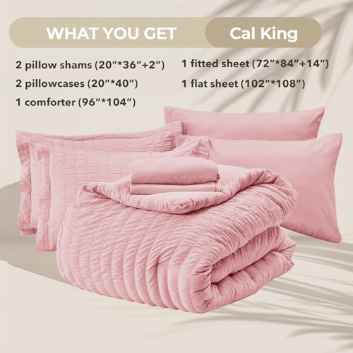 HYMOKEGE Pink California King Comforter Set Seersucker 7 Pieces, All Season - Image 6