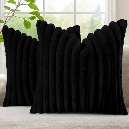 decorUhome Fall Faux Fur Throw Pillow Covers 22x22 Set of 2 Black by decorUhome