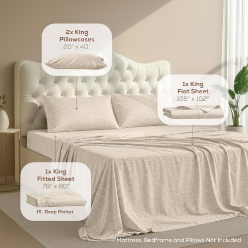 King Sheet Set, 4 Pieces 16" Deep Pocket Hotel Luxury Sheets, Heather Beige - Image 2