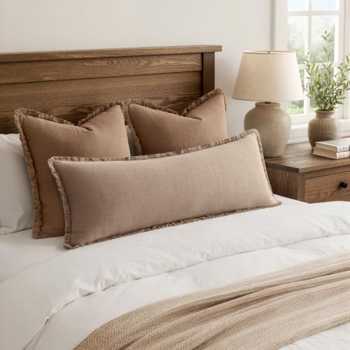 MIULEE 14x36 Long Linen Fringe Lumbar Pillow Covers Set of 1 Camel - Image 4