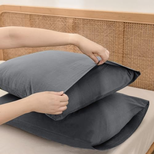 BESTOUCH Washed Cotton Pillowcases Linen Feel Quiet Shade Grey Queen - Image 3