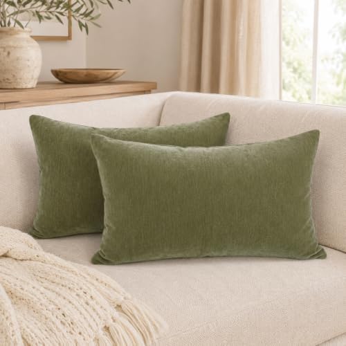 JoraLion Chenille Lumbar Pillow Covers 12x20 inch Olive Sage Green by JoraLion