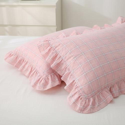Mywinlle 2 Pack Blush Pink Plaid Ruffle Standard Size Pillow Shams -20"x26" - Image 6
