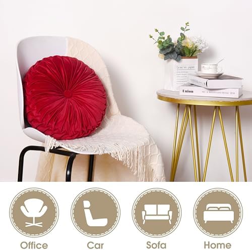 HIG Set of 2 Red Velvet Decorative Round Pleated Throw Pillows - Image 4