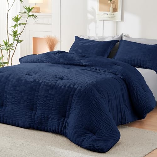 HYMOKEGE Navy Blue/Light Grey Oversized King Comforter Set Seersucker 7 Pieces - Image 7