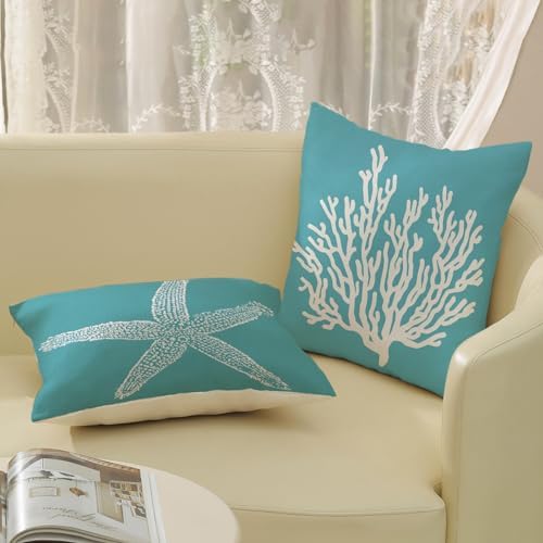 Coastal Pillow Covers 16x16 Set of 2 Aqua Teal Turquoise Coral Starfish Throw - Image 4