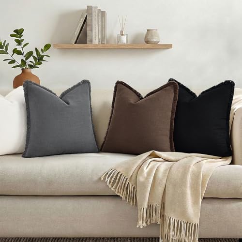 decorUhome Linen Fringe Dark Grey Throw Pillow Covers 24x24 Set of 2 - Image 5