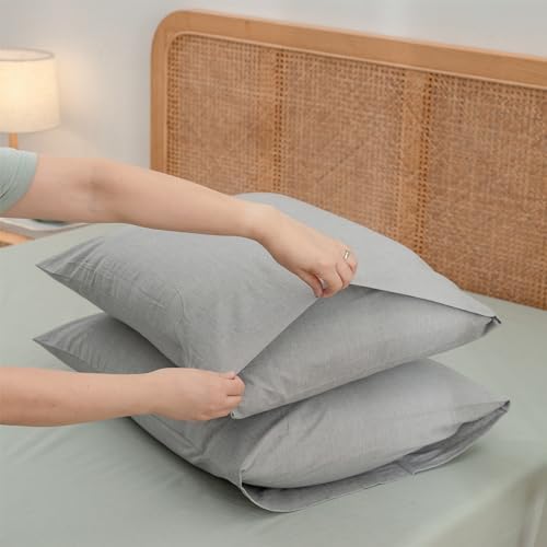 BESTOUCH Washed Cotton Pillowcases Linen Feel Light Grey King - Image 3