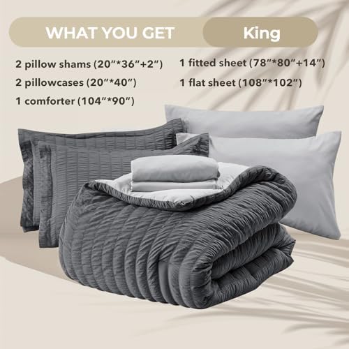 HYMOKEGE Dark Grey/Light Grey King Size Comforter Set Seersucker 7 Pieces - Image 5