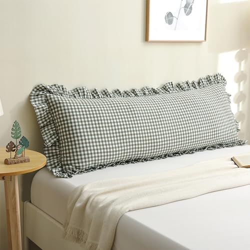 Sage Green Gingham Body Pillow Cover 20x54, Ruffled Cotton Sham by Jilboo