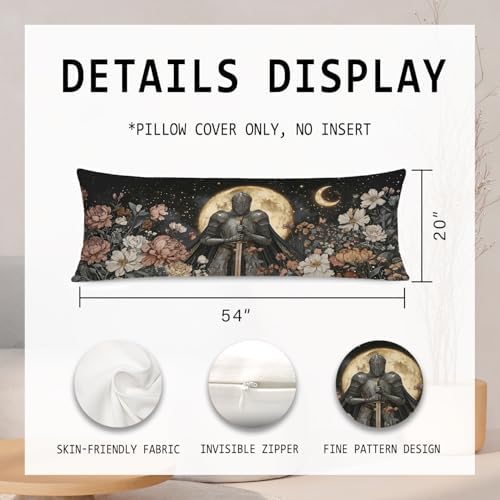 Medieval Witchy Moon Dark Floral Knight 20x54 Body Pillow Cover, Whimsical Dark - Image 3