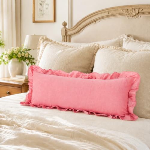 JoraLion Ruffled Lumbar Pillow Cover 14x36 Solid Pink by JoraLion