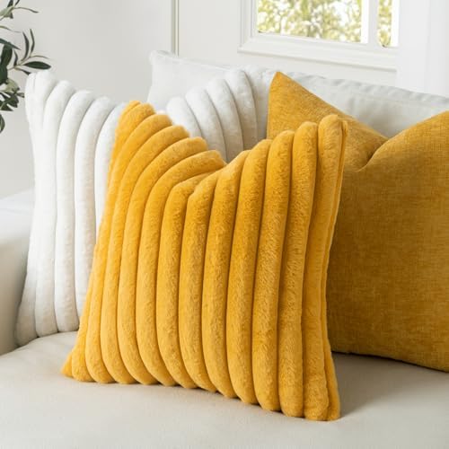 MIULEE Faux Fur Lumbar Throw Pillow Covers 12x20 Set of 2 Mustard Yellow - Image 3