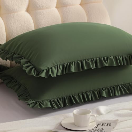 Ruffled King Pillow Shams, 2 Pack, 20x36 Inches, Olive Green by Aerlomi
