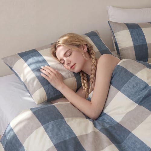 Merryword 100% Cotton Pillow Cases, Standard Size, Washed Cotton Gray Check - Image 5