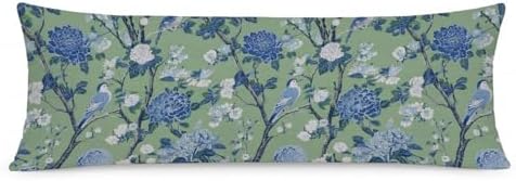 Blue and Green Chinoiserie Hydrangea Floral Bird 20x54 Body Pillow Cover by PIUD