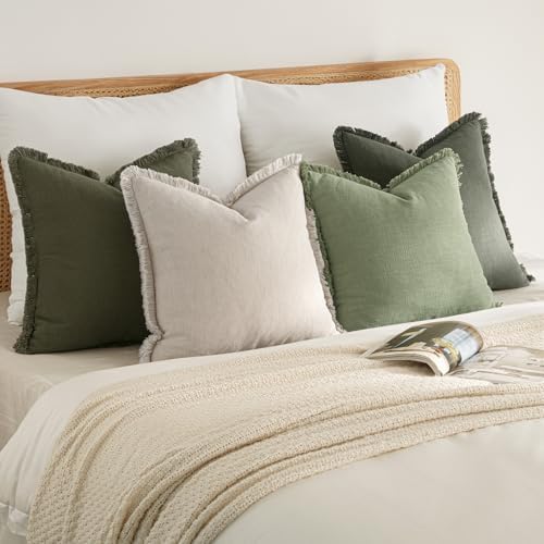 MIULEE Fall Linen Fringe Pillow Covers Set of 4 24x24 Beige/Sage Green - Image 5