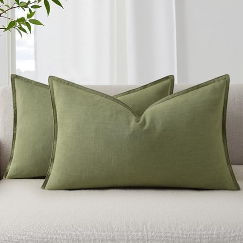 decorUhome Fall Olive Green Linen Throw Pillow Covers 12x20 Set of 2 by decorUhome